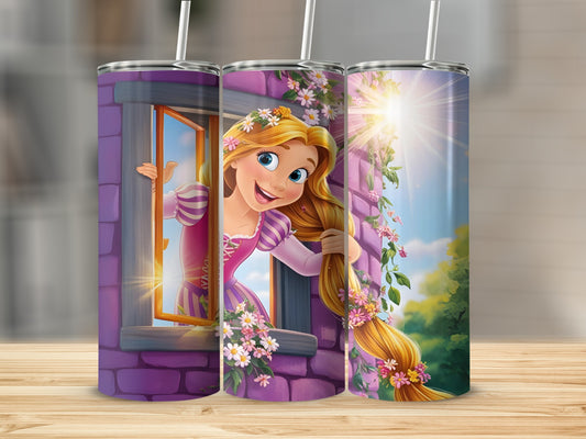 Rapunzel with long blonde hair peeks from purple tower window, sunlight and flowers.