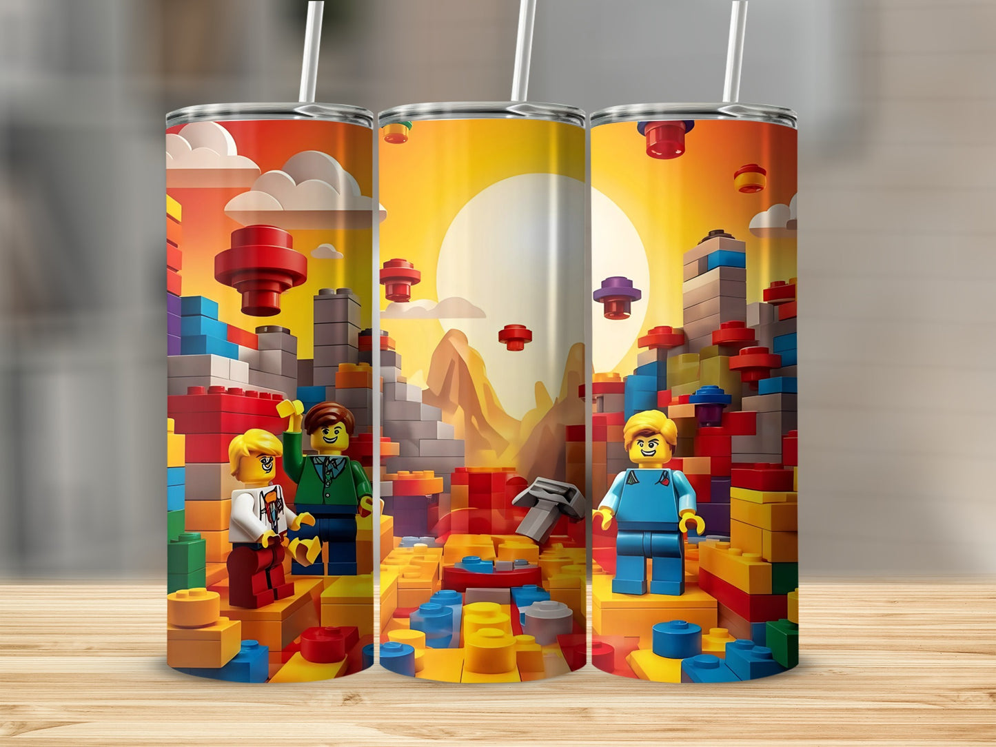 Colorful Block City Themed Tumbler with Straw