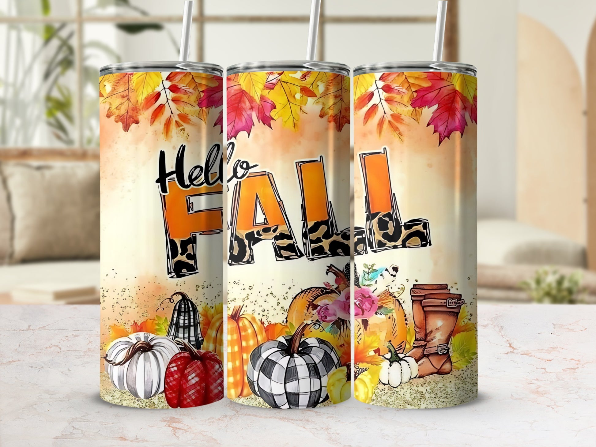 Hello Fall Autumn Leaves and Pumpkins Tumbler Cup