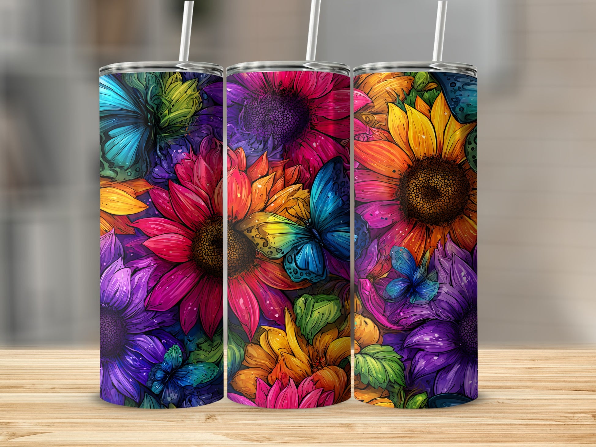 Colorful Floral and Butterfly Designed Tumbler