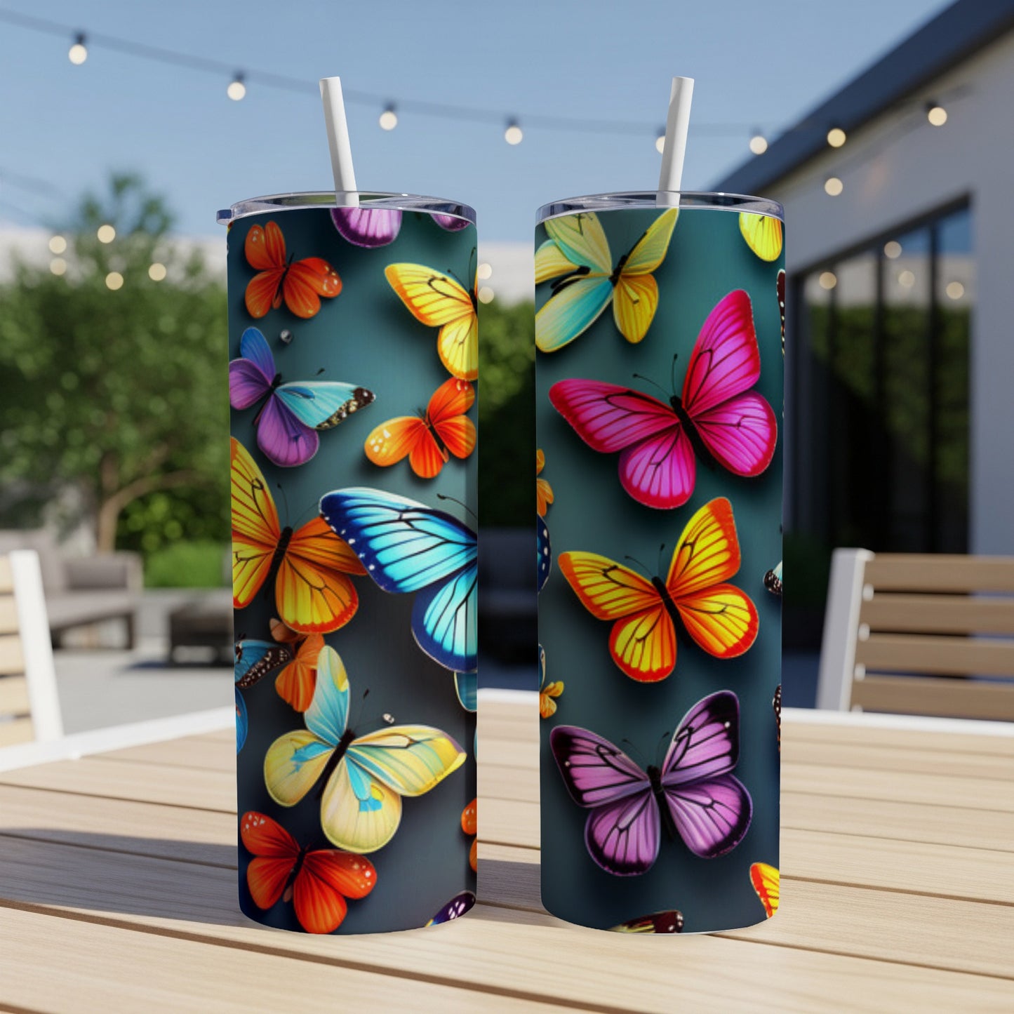 Two tumblers with vibrant, colorful butterfly designs sit on a table.