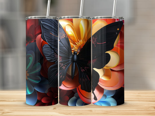 Three tumblers featuring black butterflies and colorful floral designs.