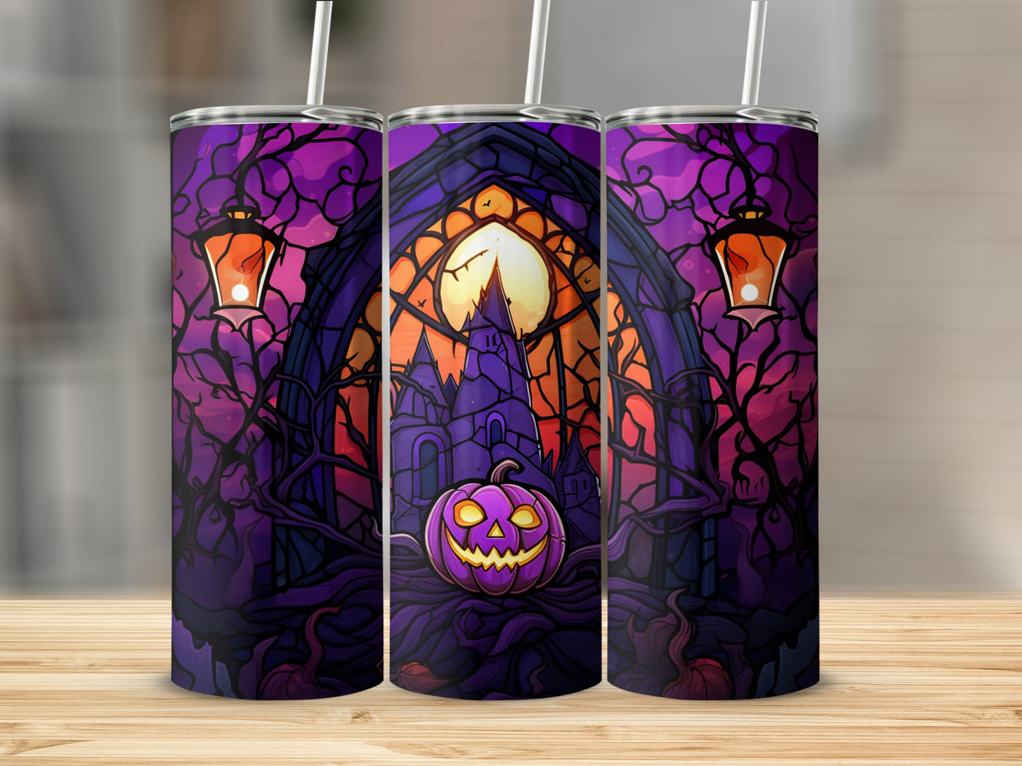 Purple tumbler with a spooky Halloween castle, jack-o'-lantern, and stained-glass window.