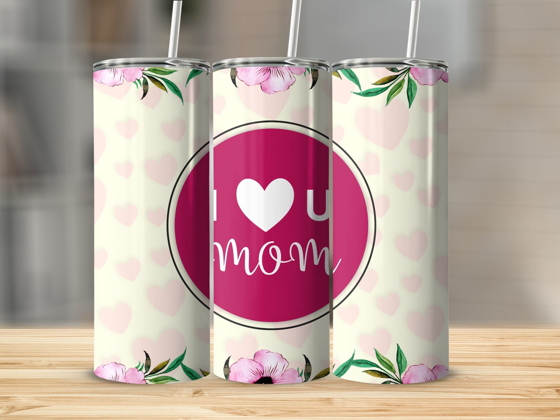 I Love You Mom Flowers and Hearts Design Tumbler