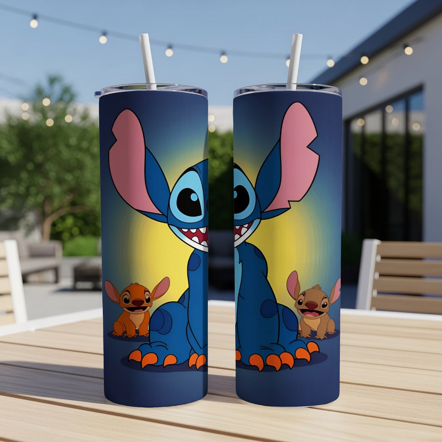 Stitch with two smaller Stitch characters on a blue background.