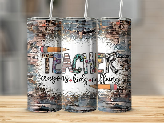 Teacher crayons kids caffeine tumbler with pencils on distressed background.