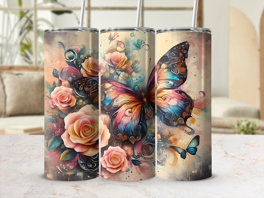 Three tumblers featuring floral and butterfly designs.