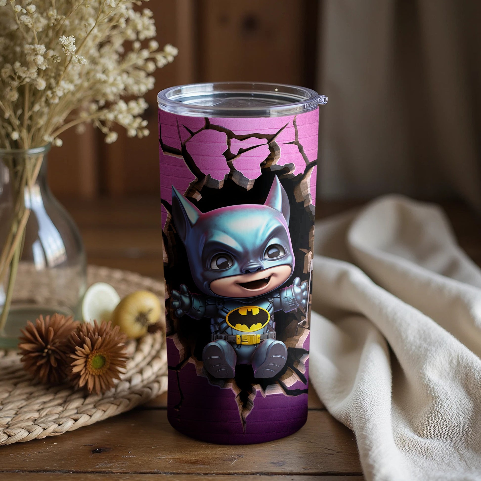 Adorable Baby Bat Hero Breaking Through Purple Glass Cup