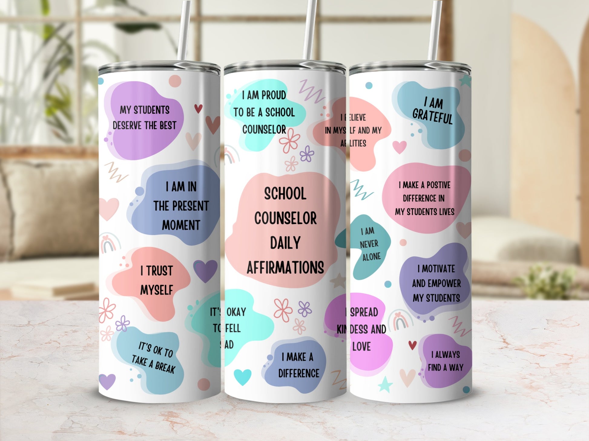School counselor affirmations tumbler with colorful wavy designs.