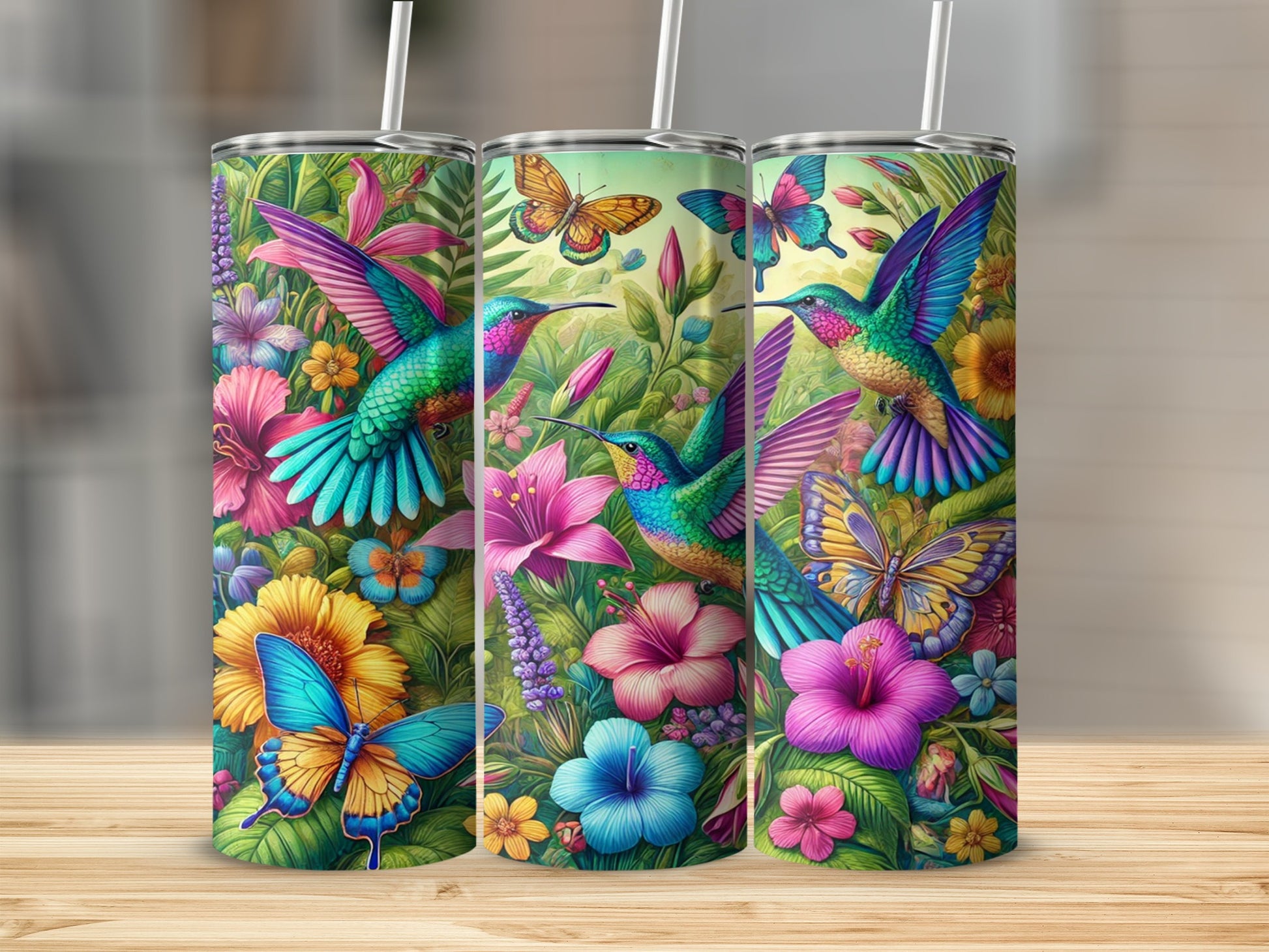 Vibrant Nature Hummingbirds Butterflies Floral Tumbler