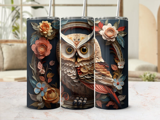 Three tumblers featuring a detailed owl illustration with floral accents.