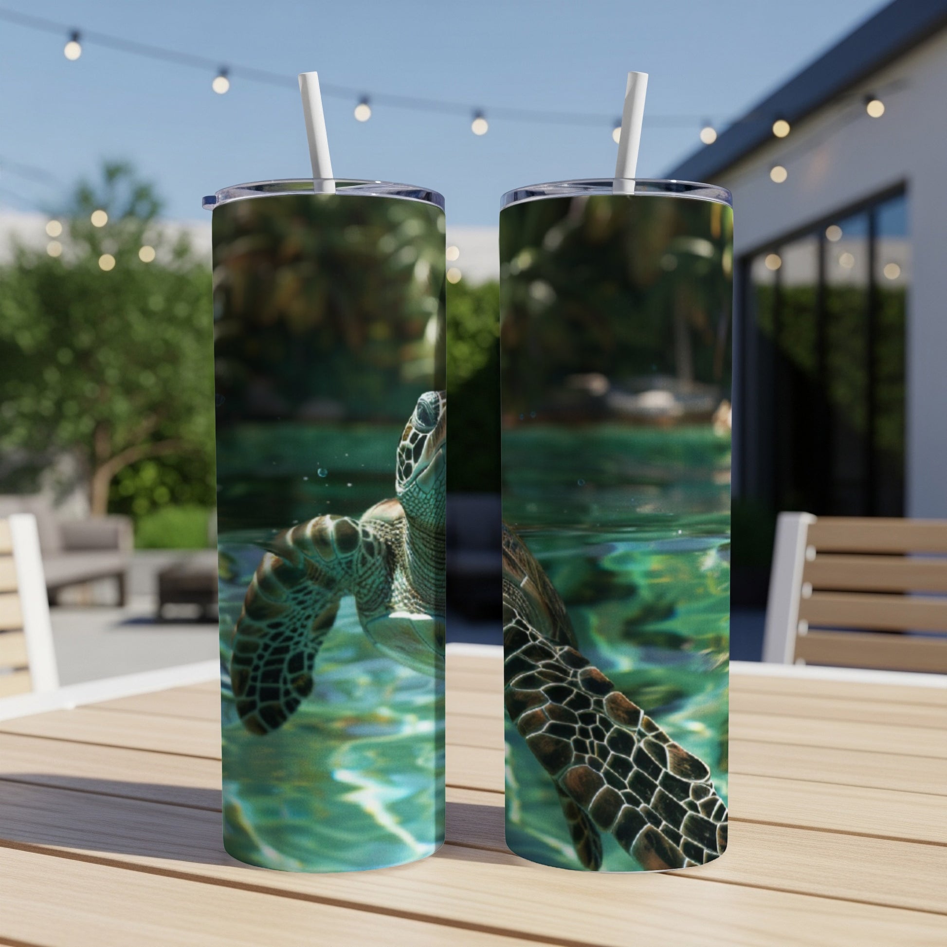 Sea turtle swimming in clear green water, on a textured tumbler.