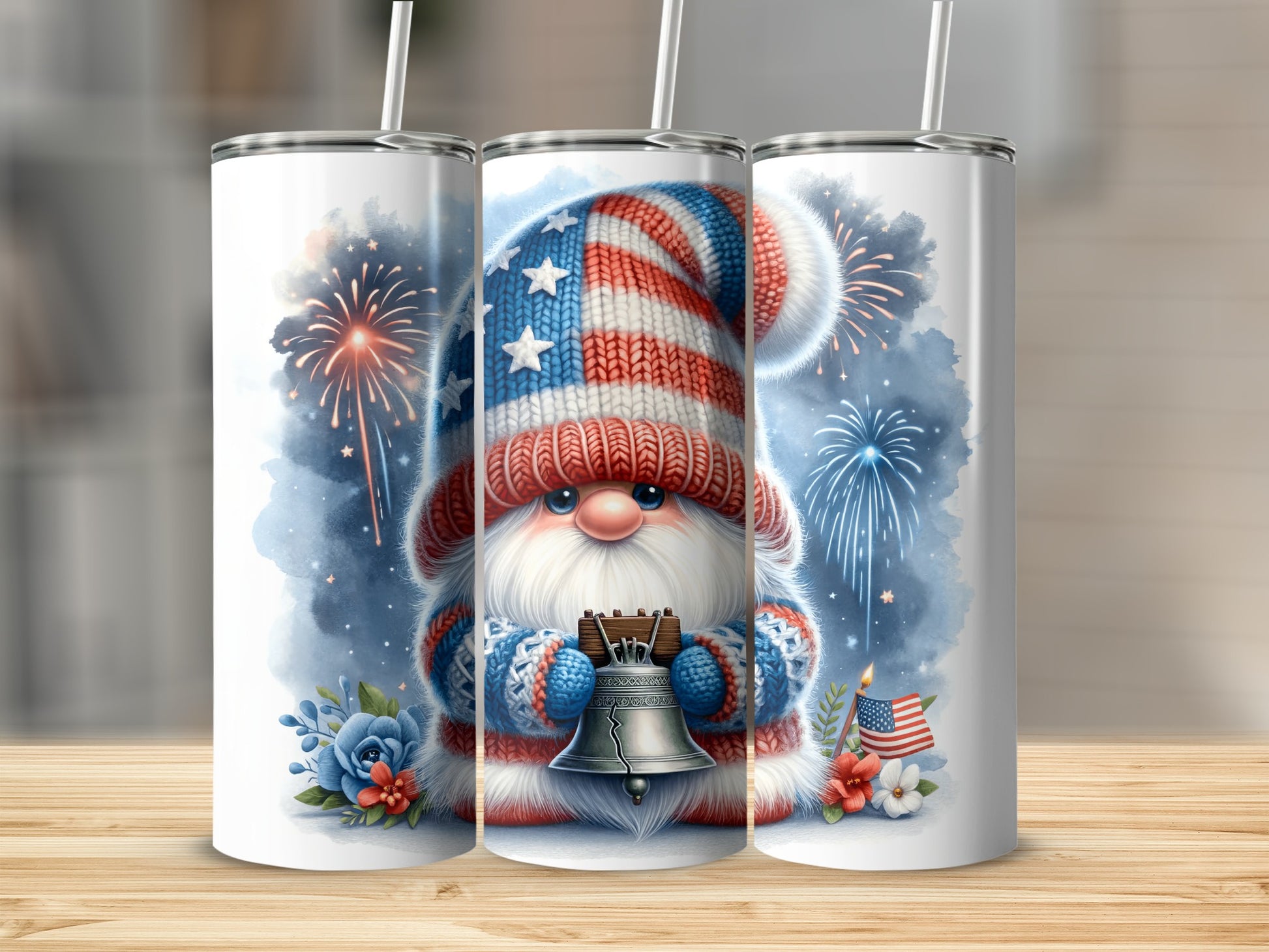 Gnome in patriotic hat holding Liberty Bell, with fireworks.