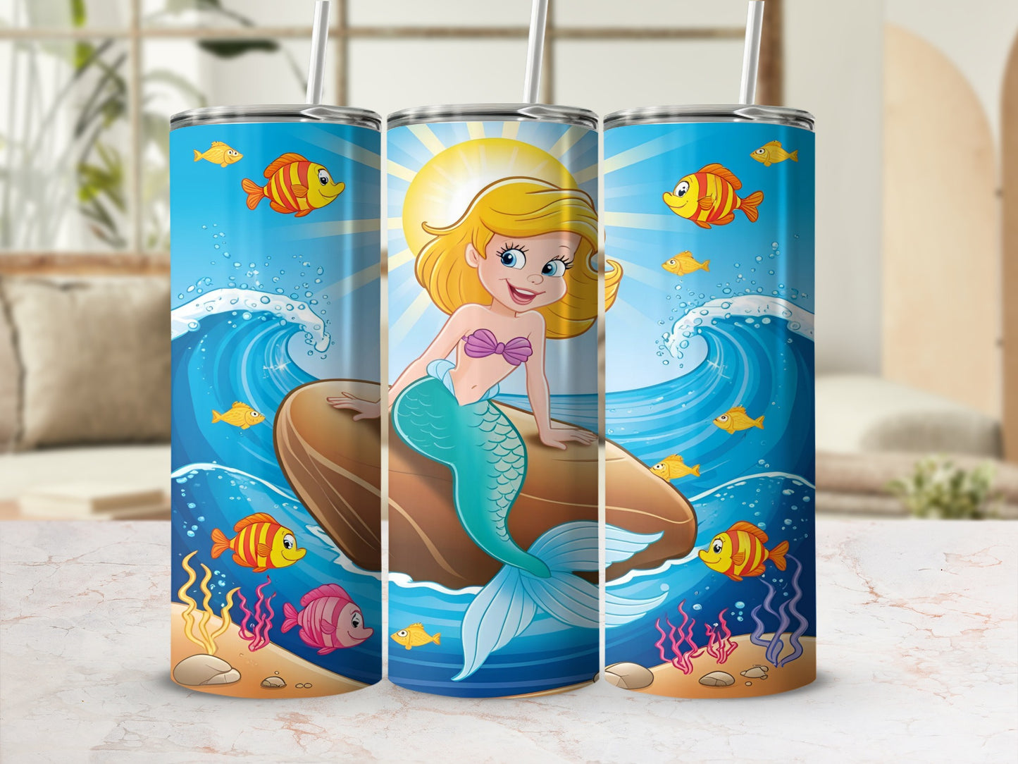 Cartoon mermaid with fish and waves on a blue background.