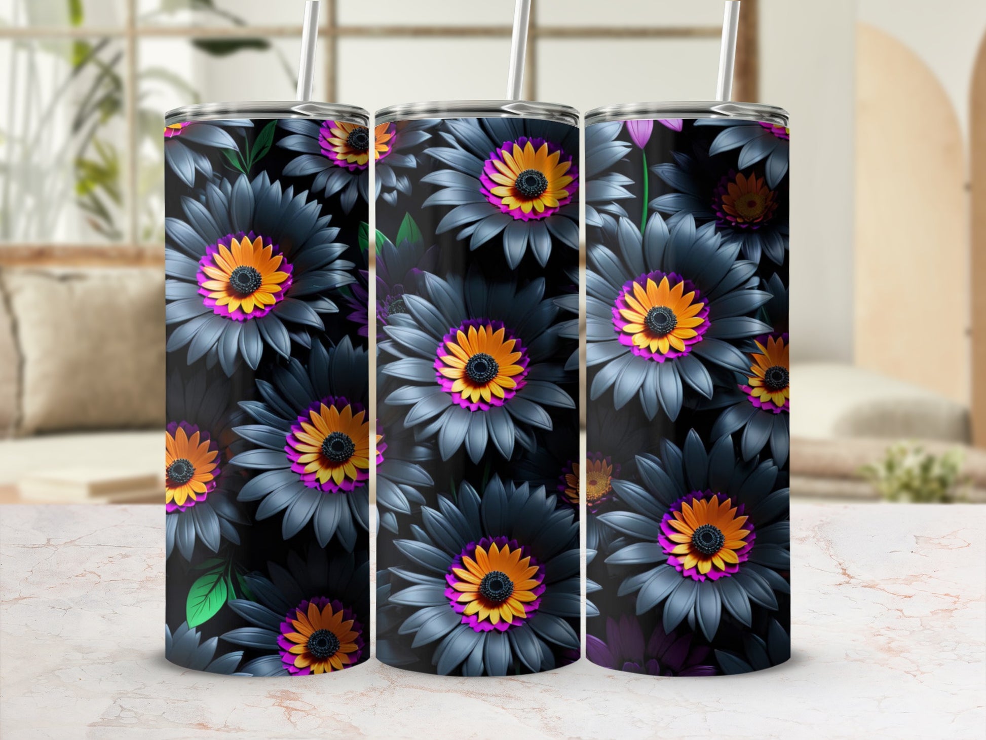 Dark floral tumbler with purple and orange centers and a straw.