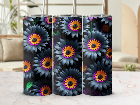 Dark floral tumbler with purple and orange centers and a straw.