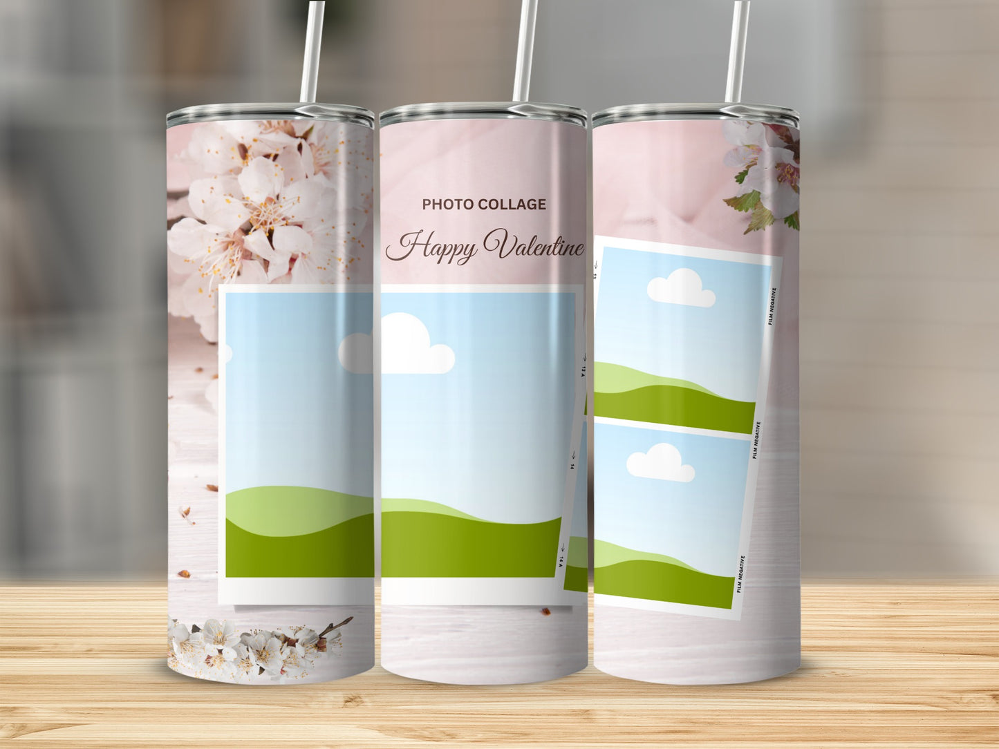 Collage tumbler with white flowers, "Happy Valentine" text, and photo placeholders.