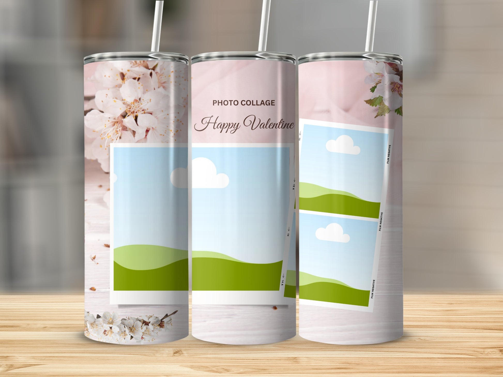 Collage tumbler with white flowers, "Happy Valentine" text, and photo placeholders.