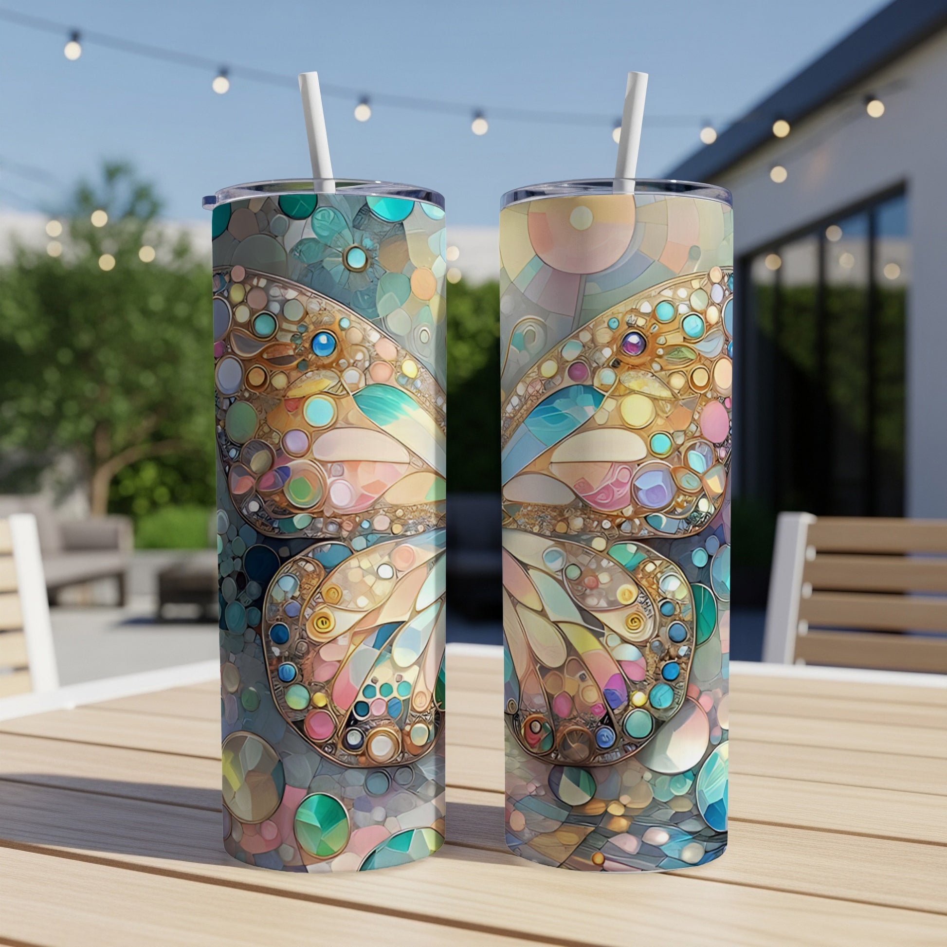 Two tall tumblers with a stained-glass butterfly design on a patio table.
