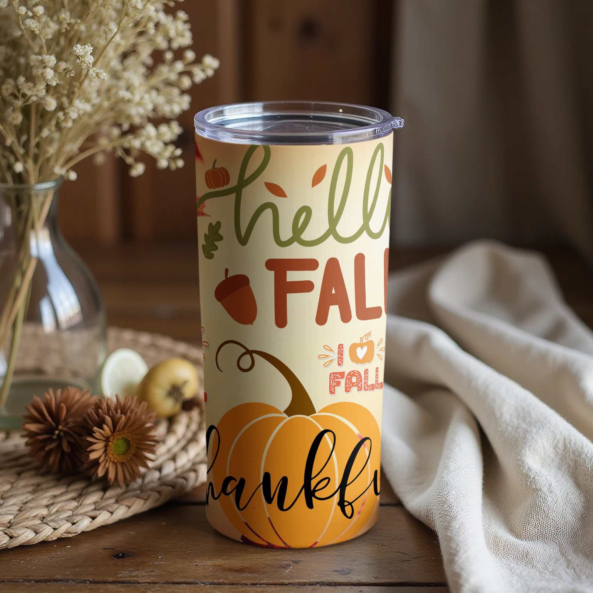 Hello Fall Pumpkin and Thankful Graphic Tumbler