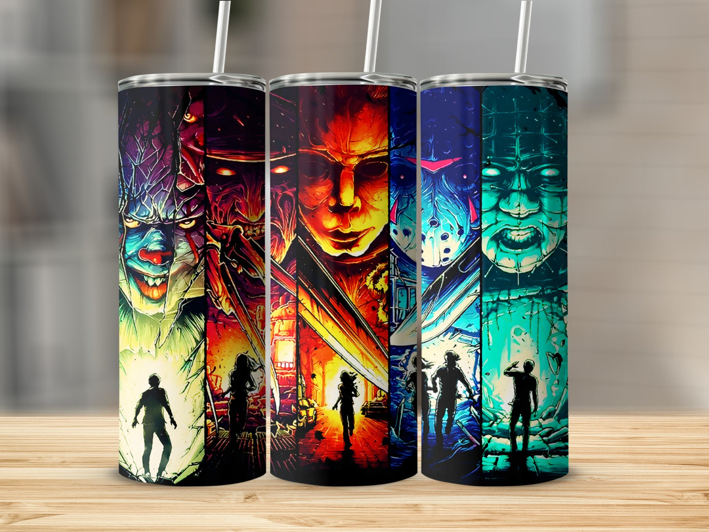 Three tumblers featuring horror movie villains and silhouettes of people.