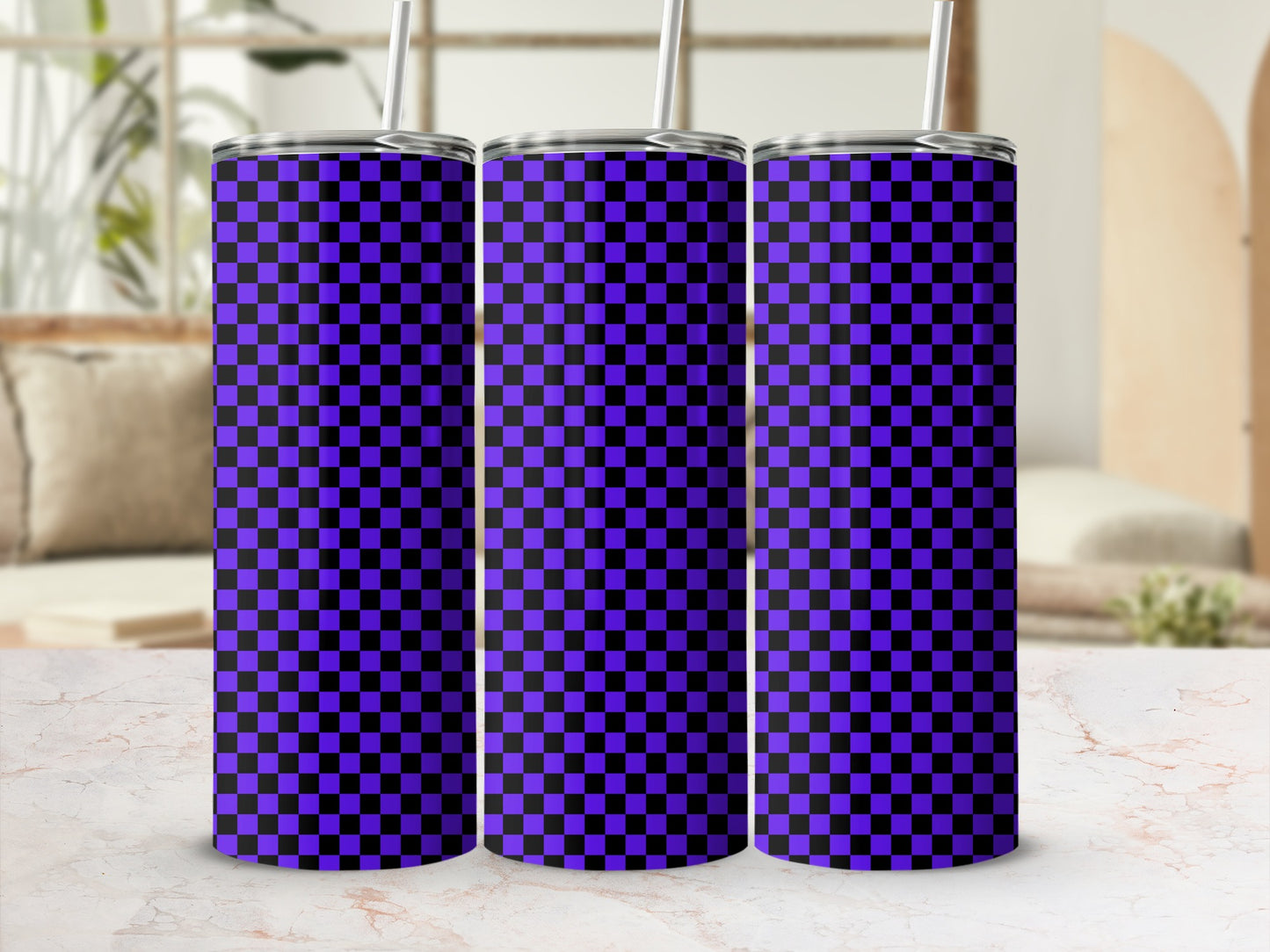 Three tall tumblers with purple and black checkerboard pattern.