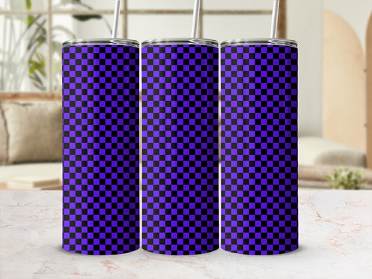 Three tall tumblers with purple and black checkerboard pattern.