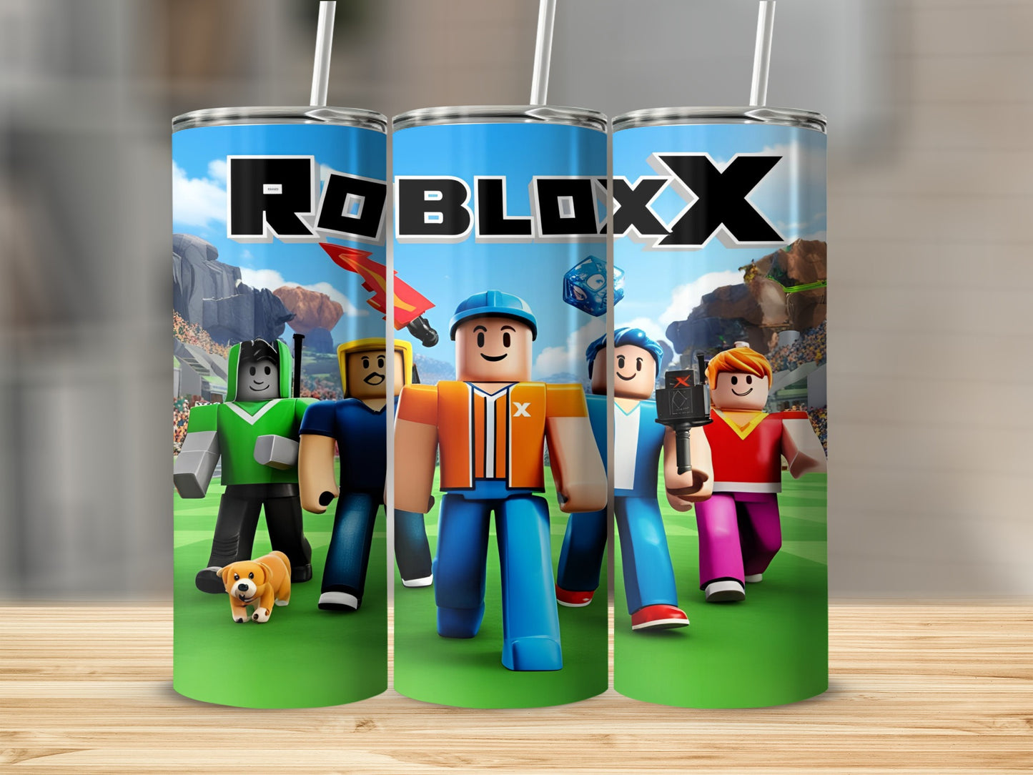 Roblox characters with a dog on a grassy field.