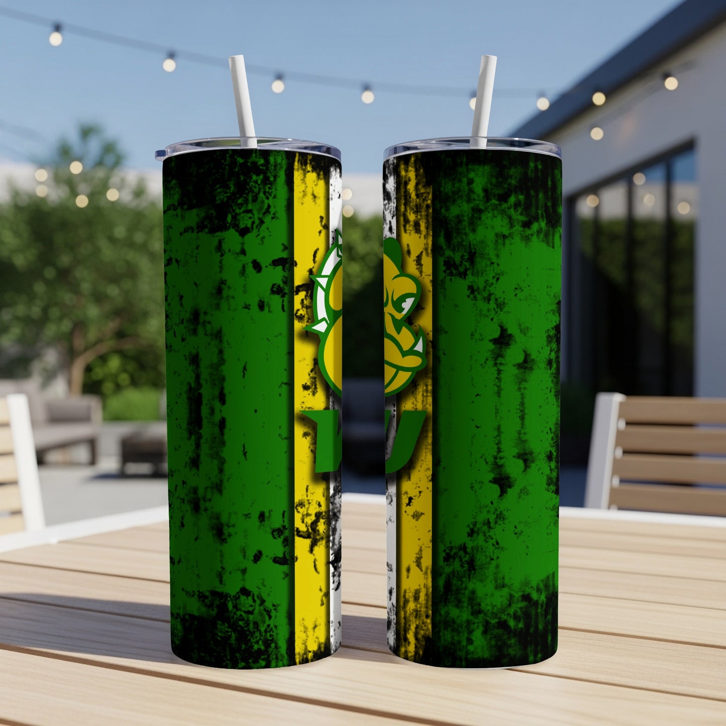 Two tumblers with green, white, and yellow distressed stripe design and a green mascot.