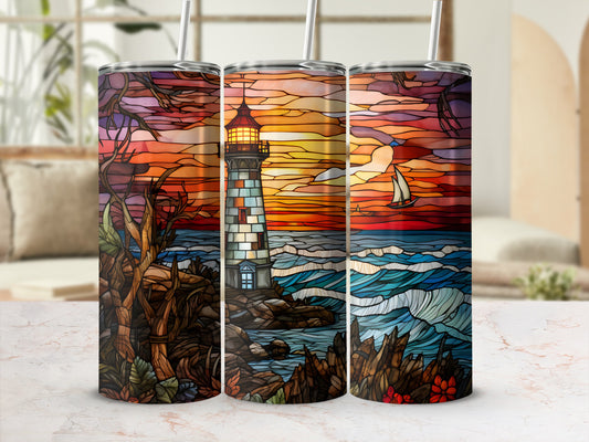 Triptych of tumblers featuring stained glass lighthouse at sunset with ocean and sailboat.
