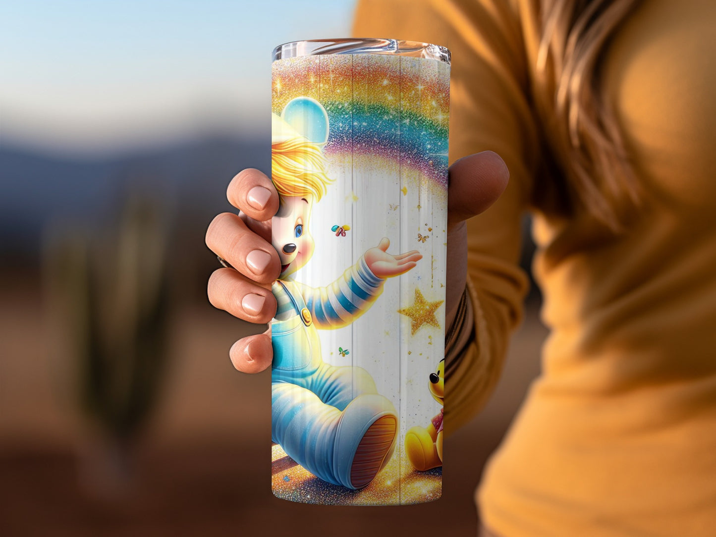 Boy in Mouse Hat with Winnie Rainbow Design Tumblers