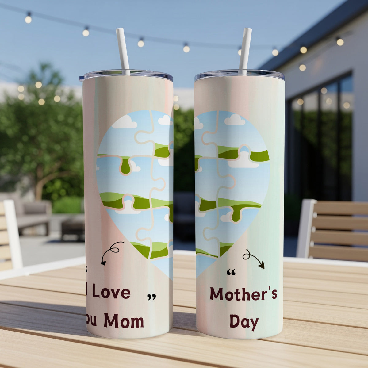Two tumblers with puzzle heart design and text "I Love You Mom" and "Mother's Day".