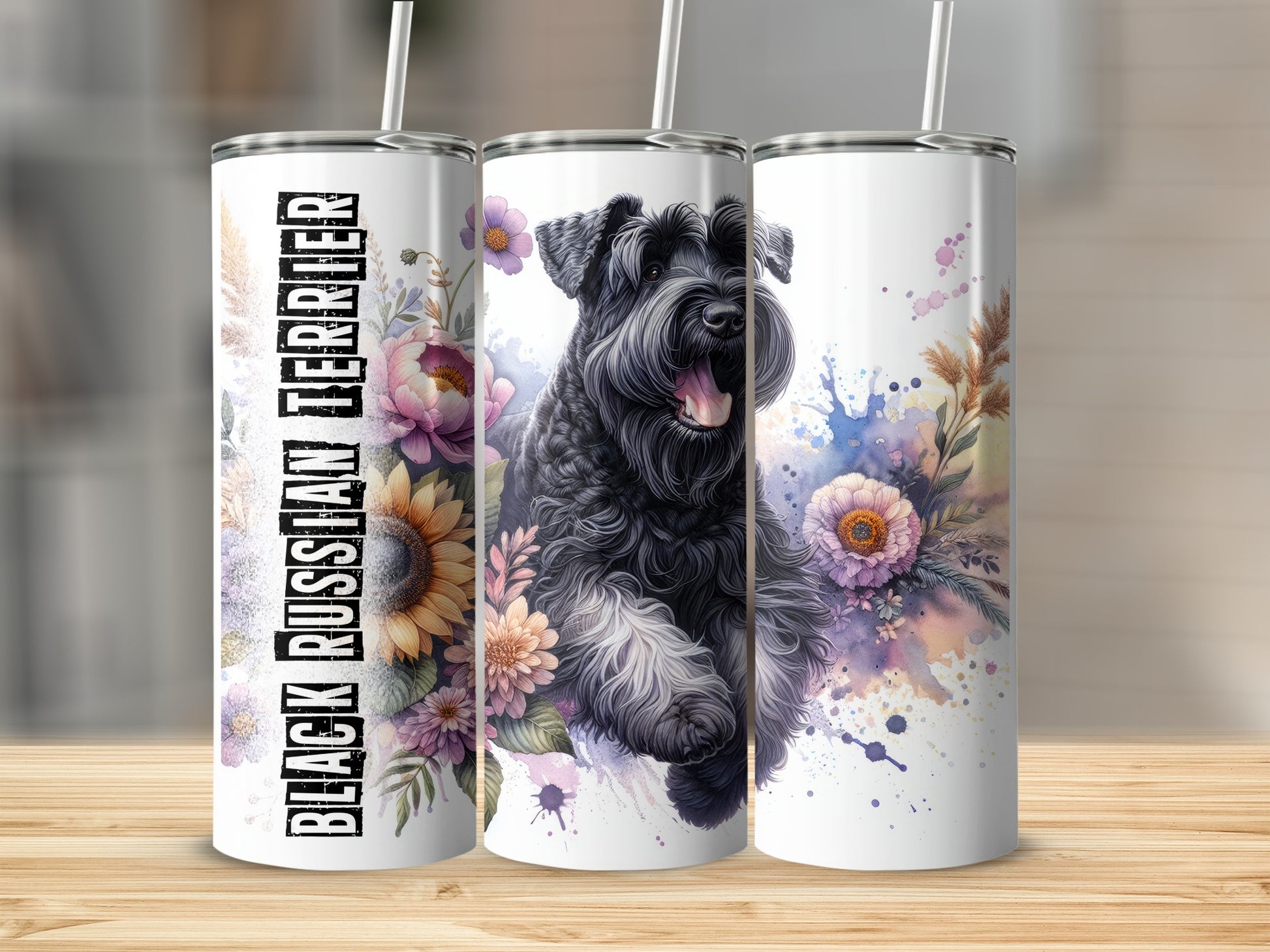 Black Russian Terrier on colorful floral background tumbler.