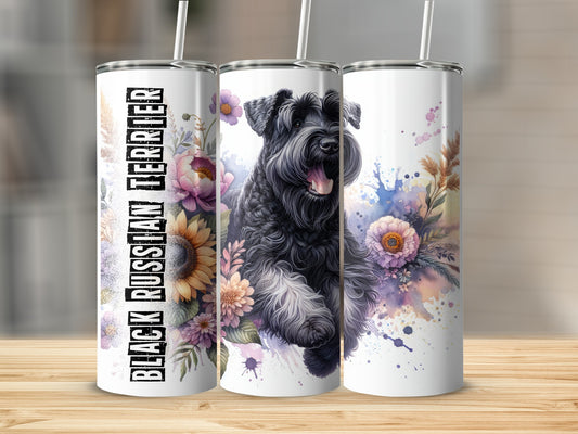 Black Russian Terrier on colorful floral background tumbler.