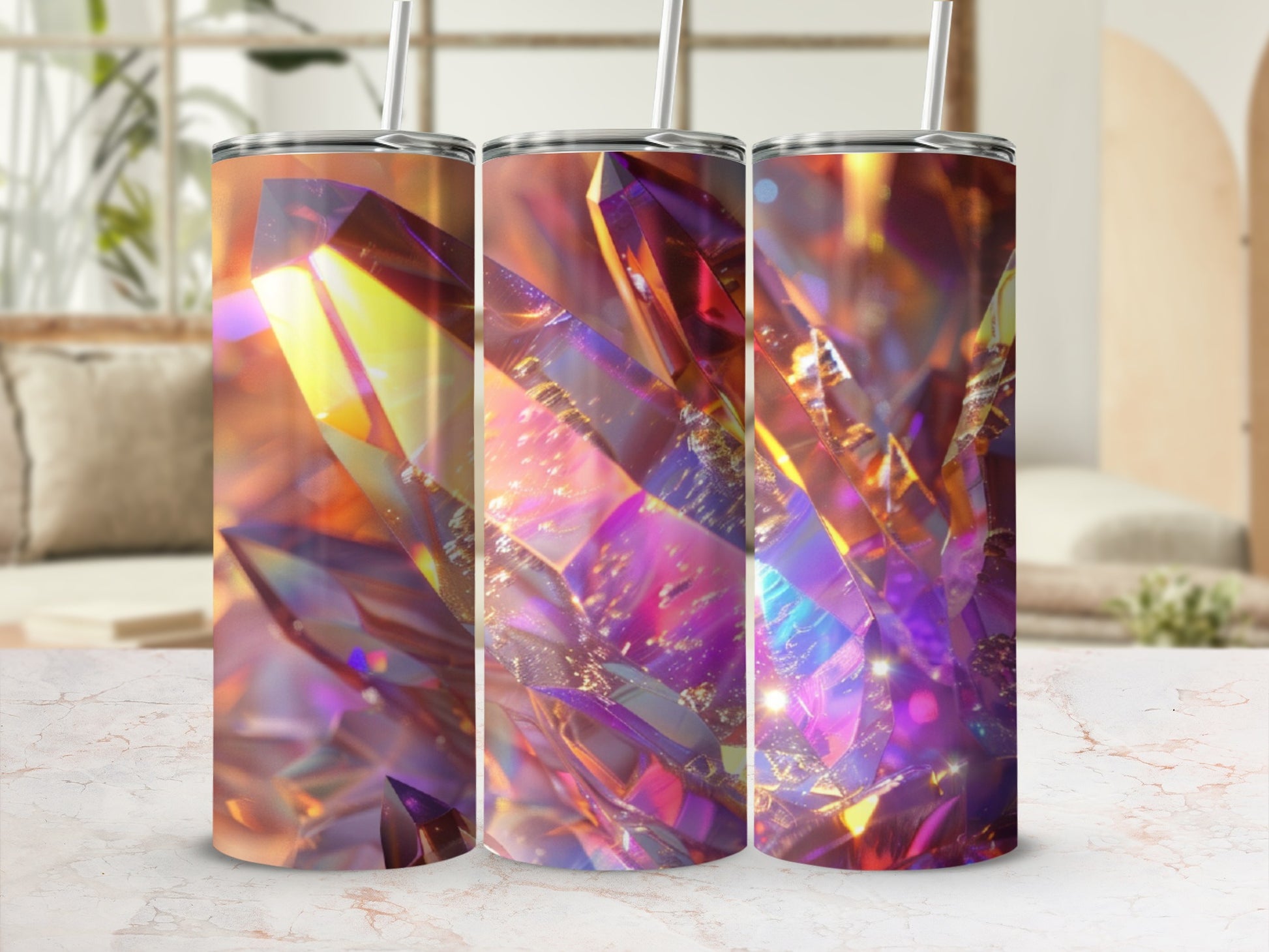 Three tumblers with a holographic crystal design.