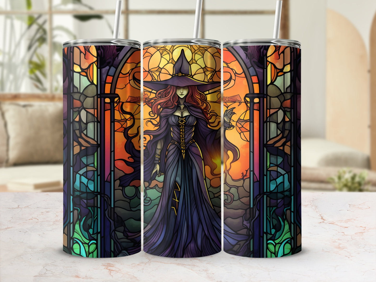Witch in ornate stained-glass window design on a tumbler.