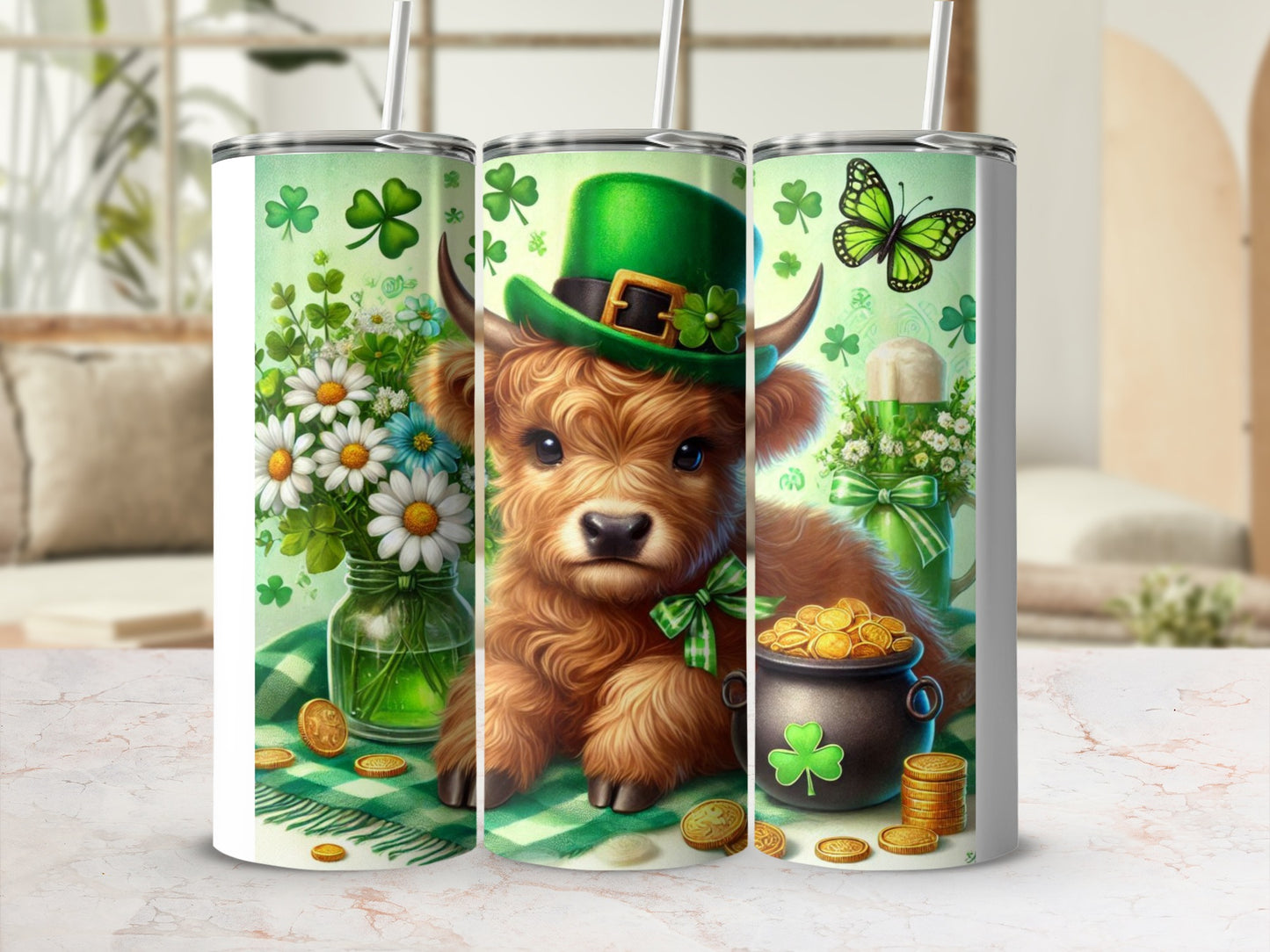 Highland cow wearing green hat with pot of gold and shamrocks.