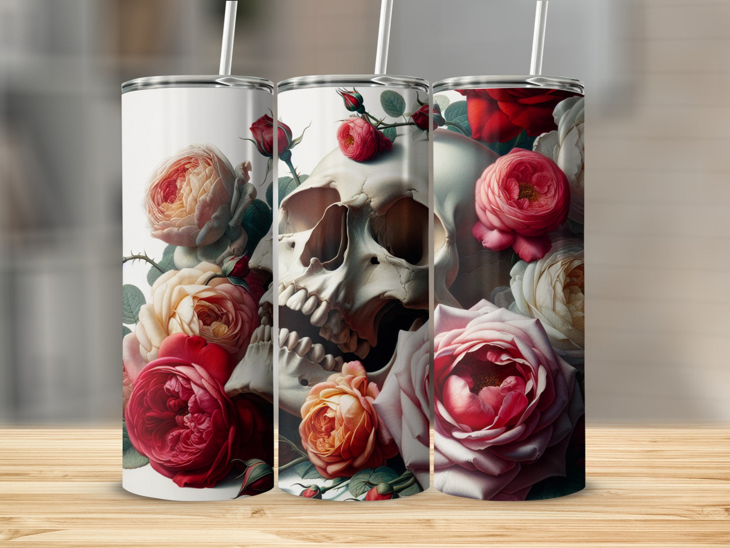 Tumbler with skull and roses in vintage style.