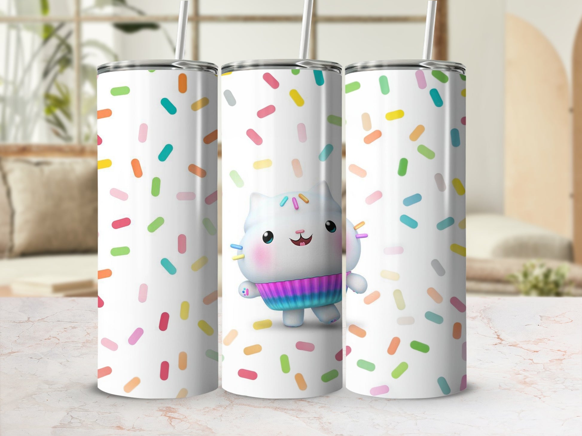 Cute Cat and Rainbow Sprinkles Design Tumbler Cup