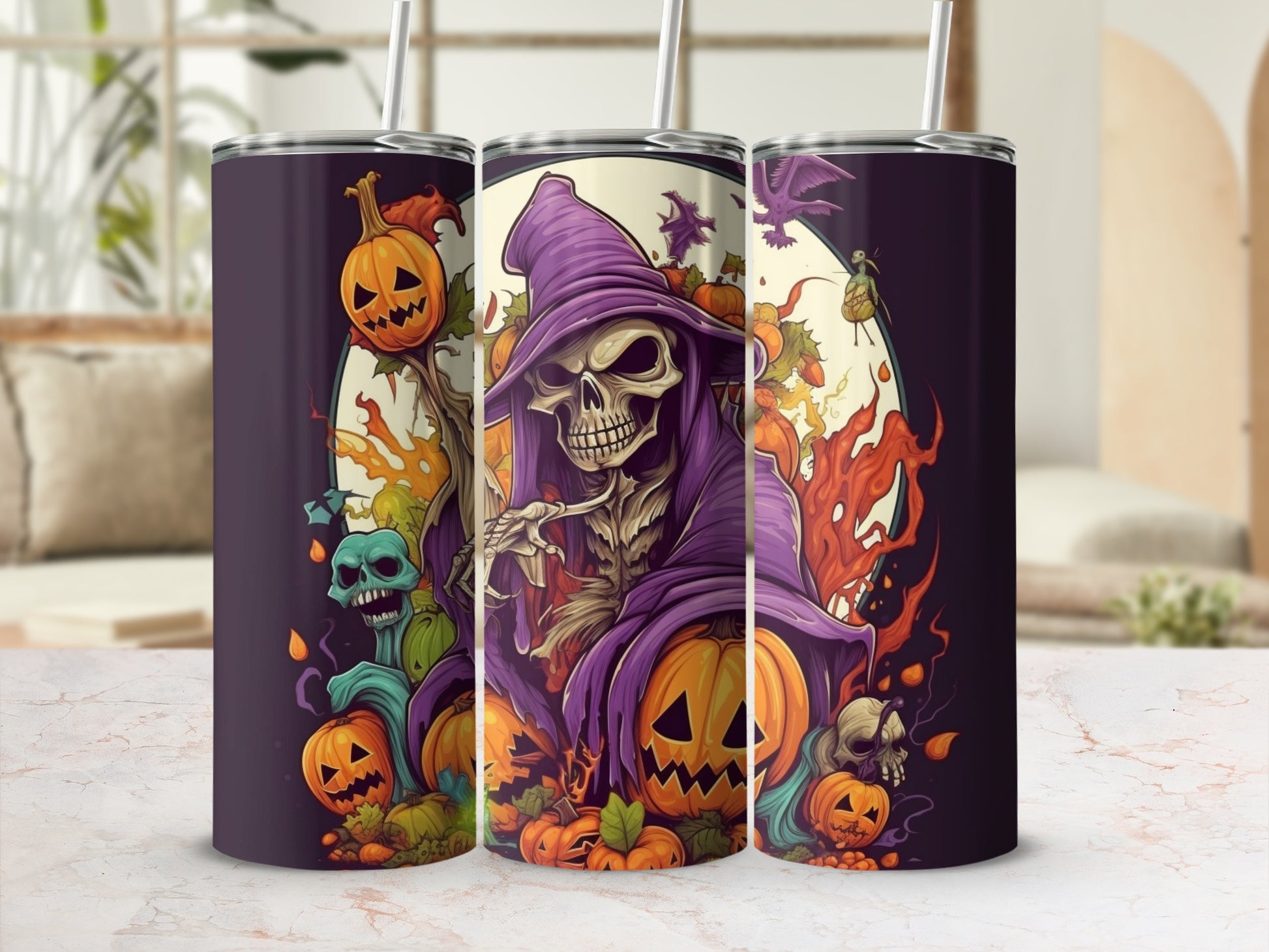 Three tumblers with Halloween grim reaper, pumpkins, and spooky creatures design.