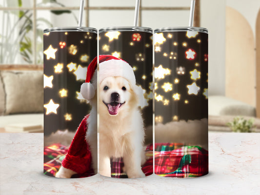Happy dog in Santa hat on plaid blanket with glowing stars background.