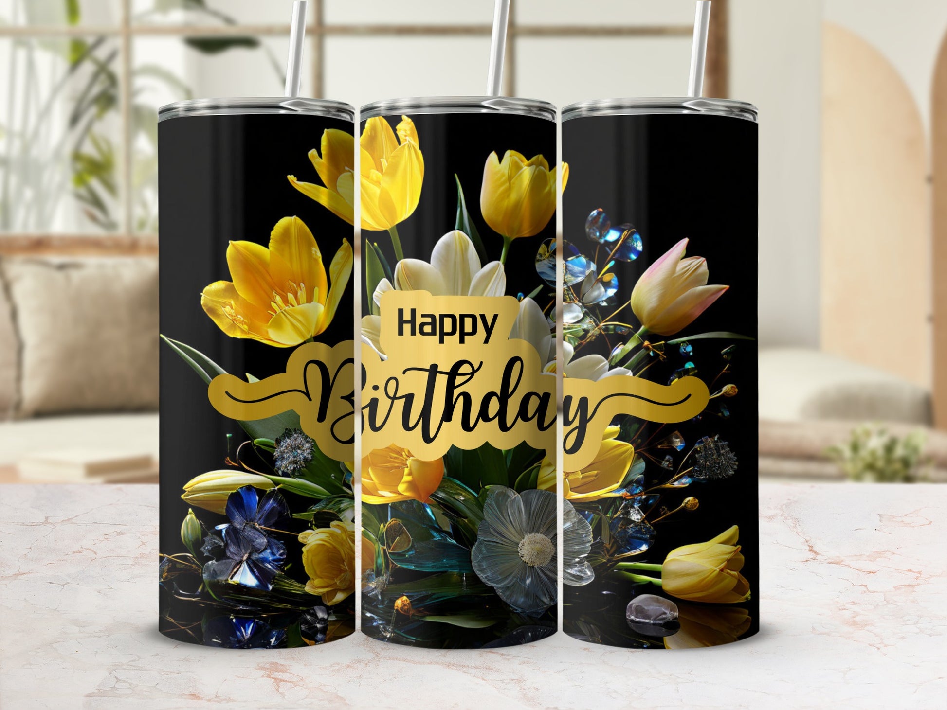 Black tumbler with "Happy Birthday" text and yellow tulips.