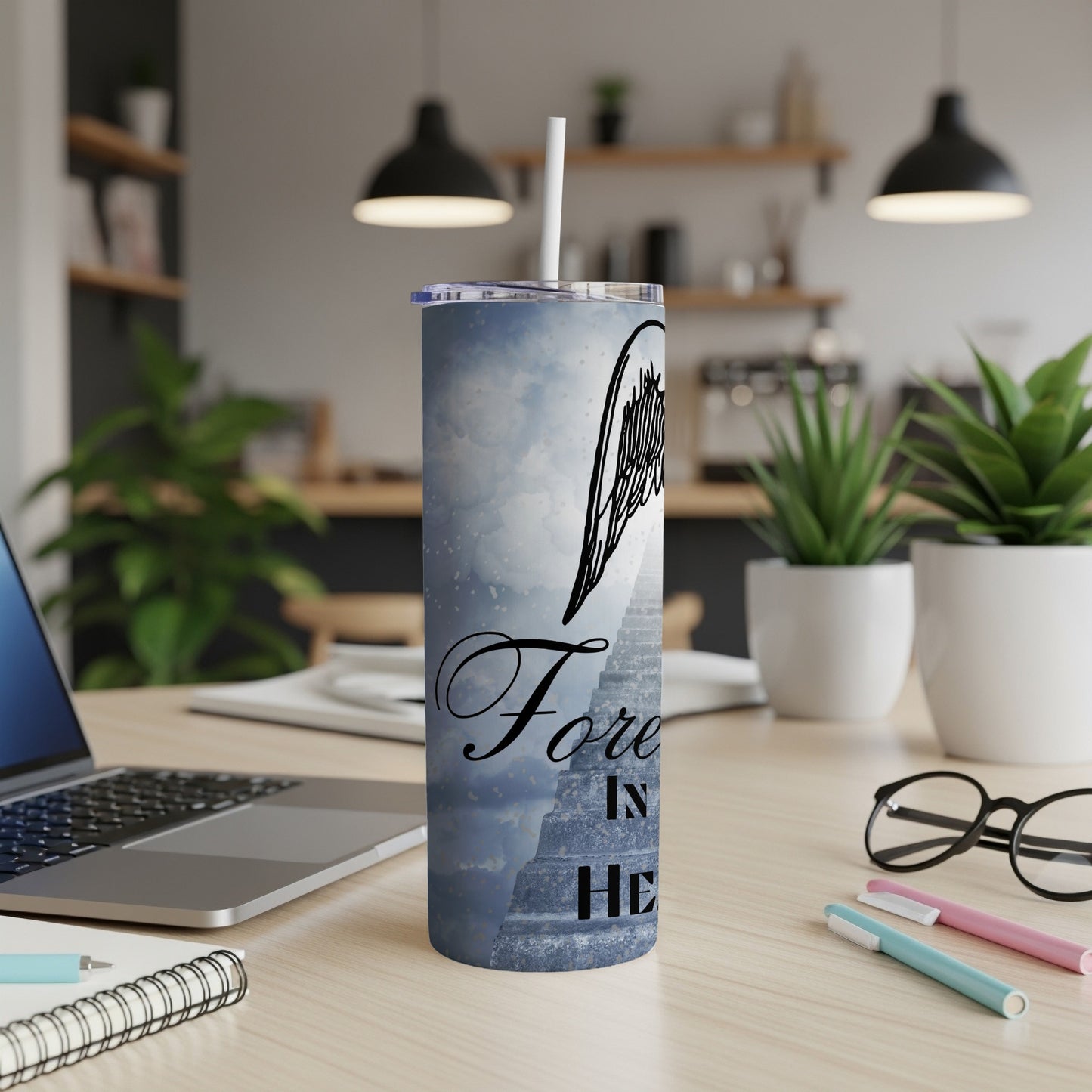 Tumbler with angel wings, stairs to heaven, and "Forever In HE" text.