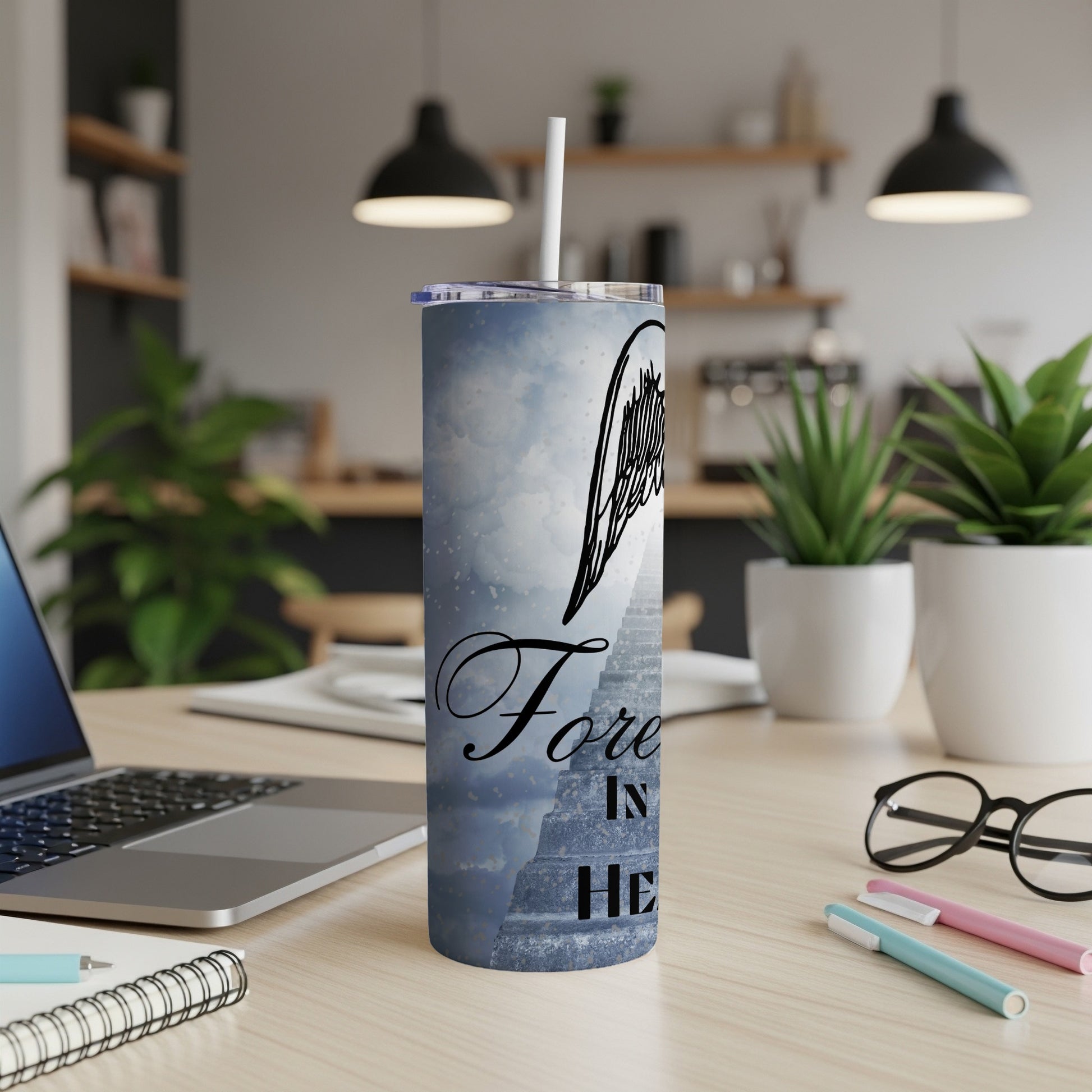 Tumbler with angel wings, stairs to heaven, and "Forever In HE" text.