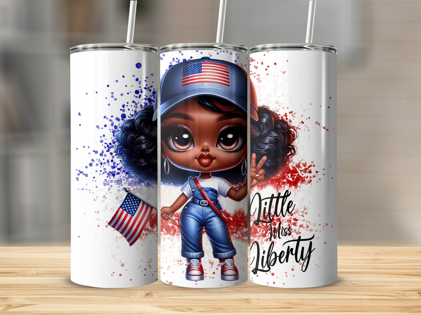 Little Miss Liberty with US flag, peace sign, and patriotic paint splatter.