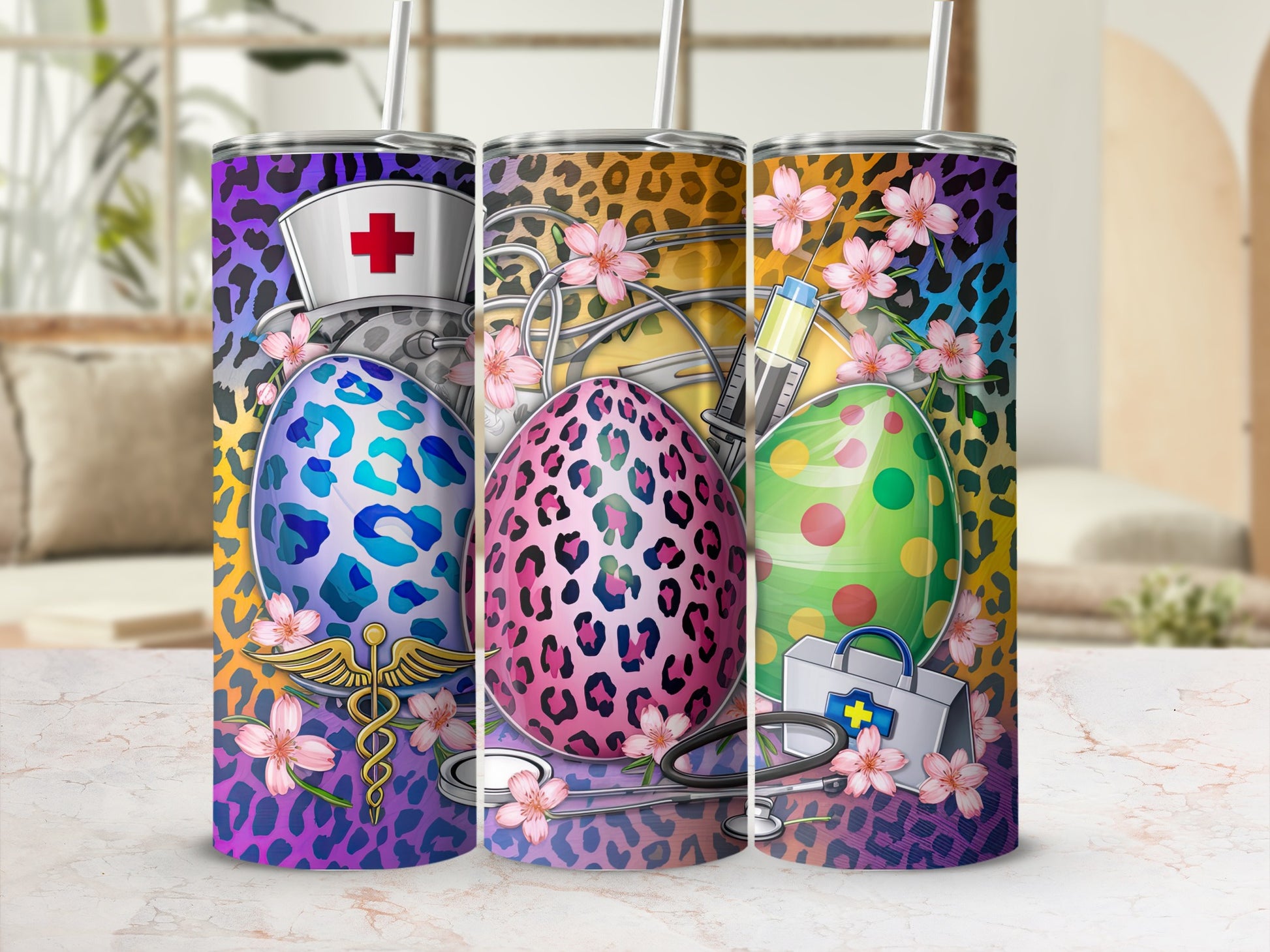 Three Easter eggs with medical and leopard print designs.