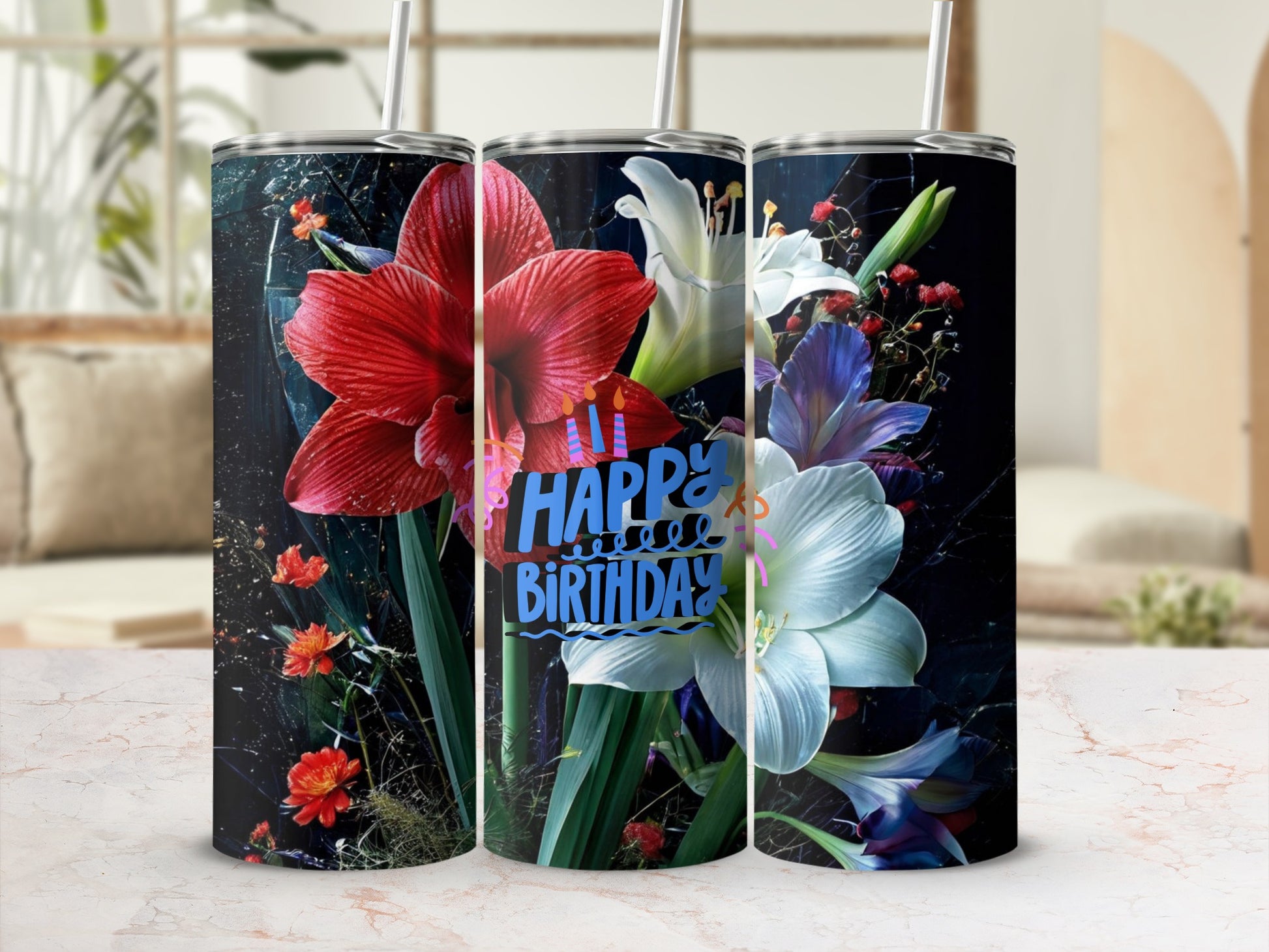 Happy Birthday tumbler with red and white flowers and green foliage.