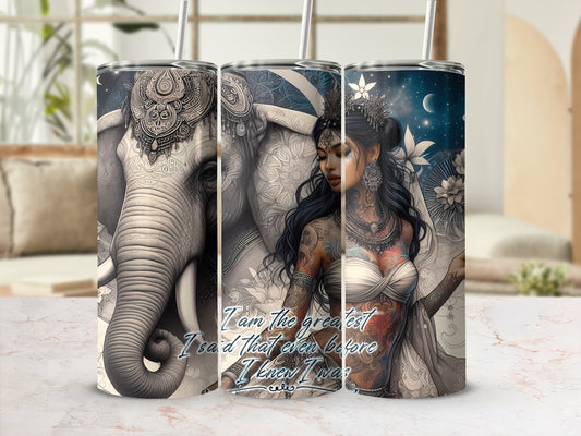 Triptych of an elephant and a tattooed woman with text "I am the greatest I said that even before I knew I was".