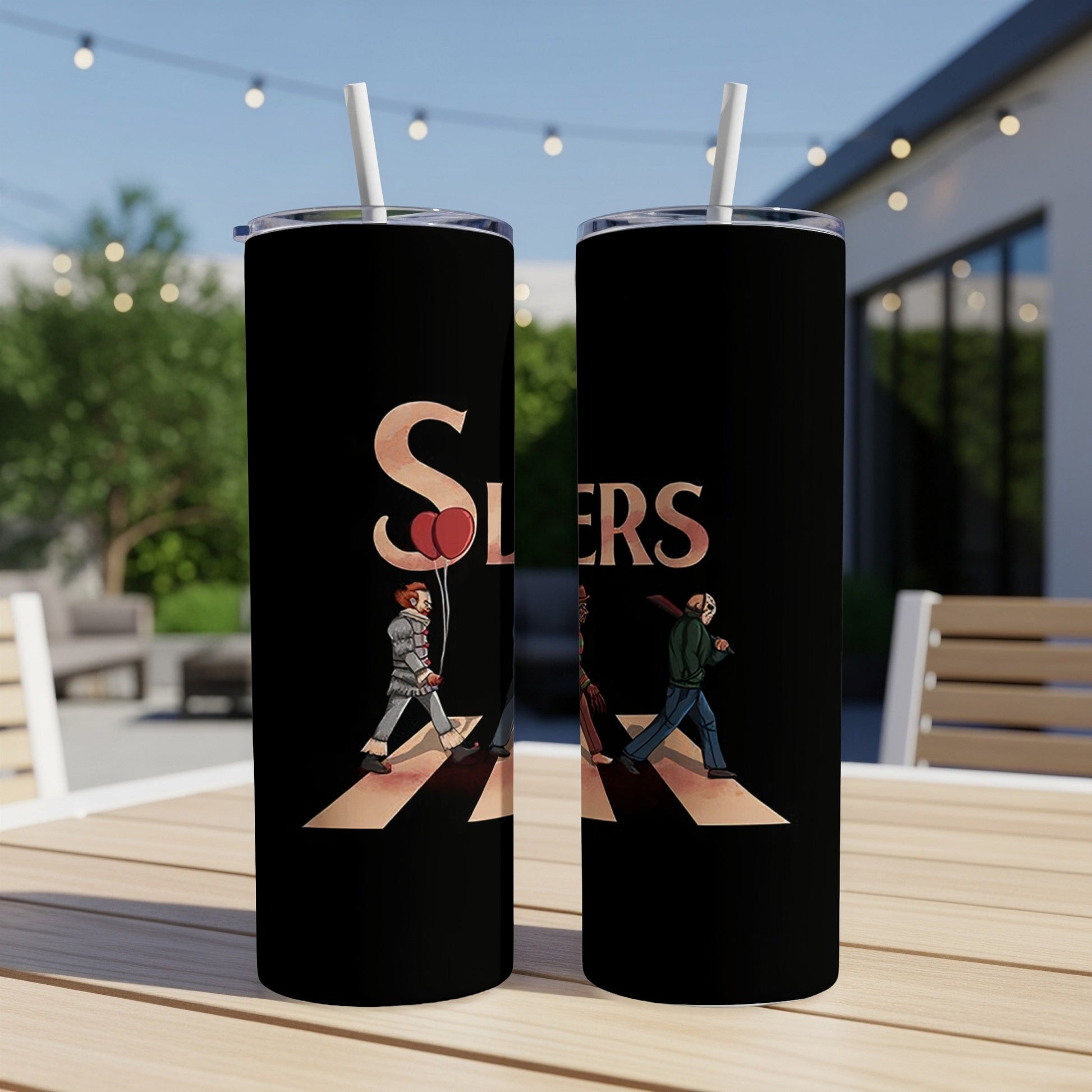 Two tumblers with horror movie characters walking across Abbey Road.