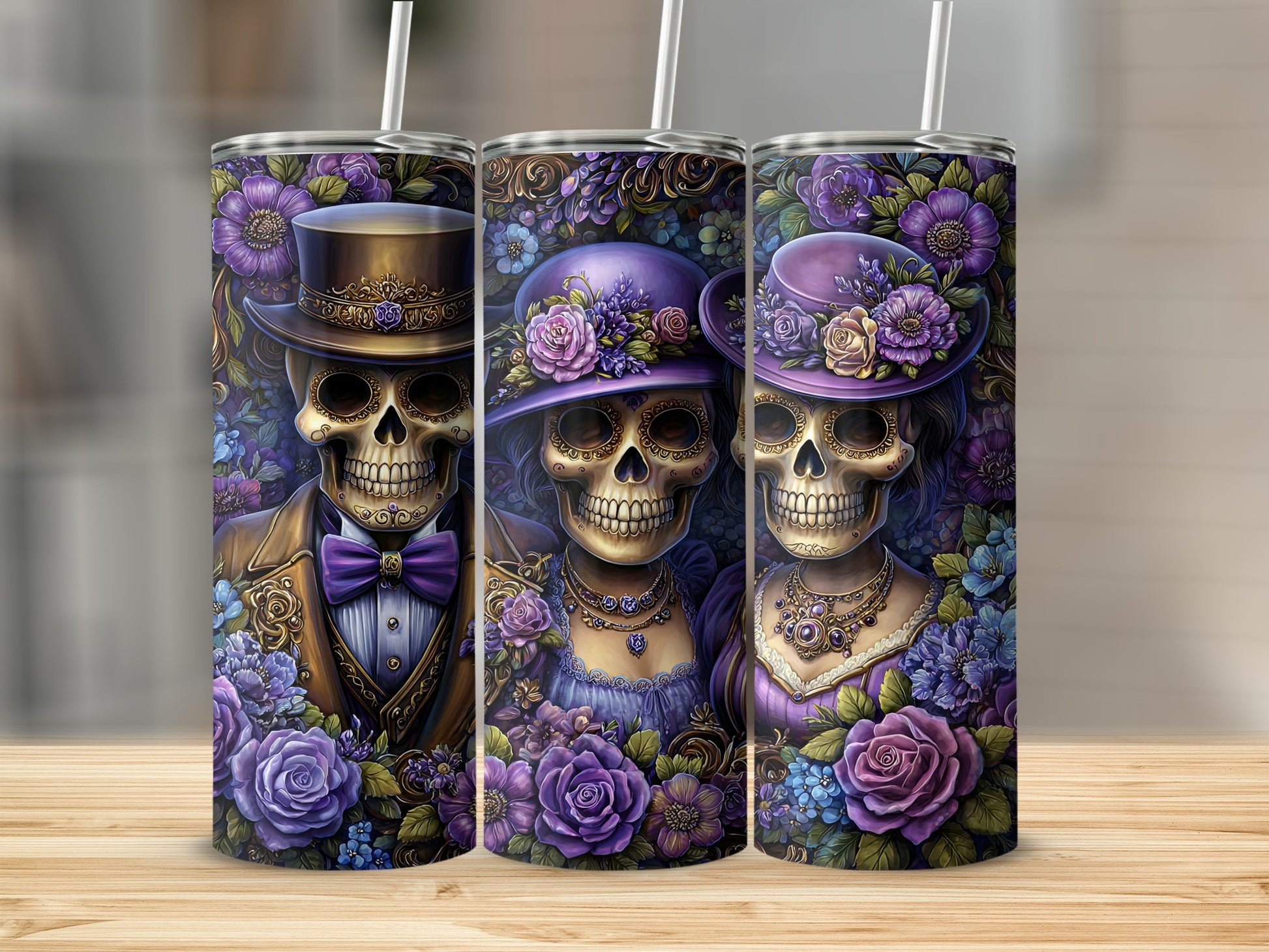 Elegant Skeleton Couple with Floral Design Tumbler
